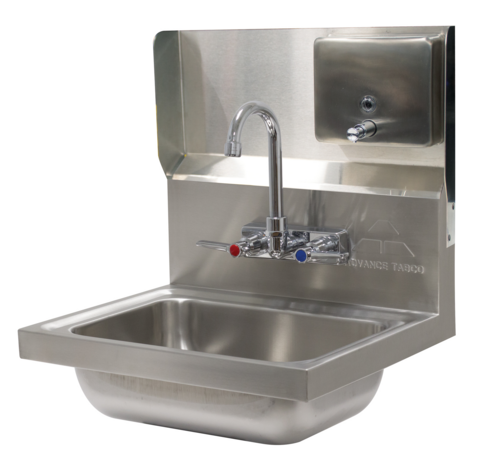Advance Tabco 7-PS-34B 17.5" W Backsplash with K-13 Soap Dispenser for Advance Tabco Hand Sinks with 10" x 14" Sink Bowls Only