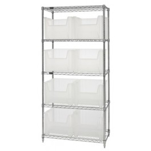 Quantum WR5-800CL 36" W x 18" D x 74" H Includes 8 Clear Bins Chrome Plated Bin Wire Shelving System