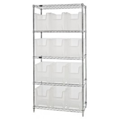 Quantum WR5-600CL 36" W x 18" D x 74" H Includes 12 Clear Bins Chrome Plated Bin Wire Shelving System