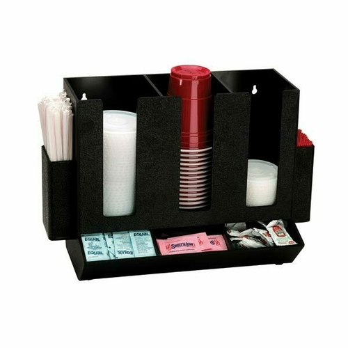 Dispense-Rite HLCO-3BT 11.75" H x 17" W x 7.5" D Black Polystyrene Countertop Cup, Lid, Straw and Condiment Organizer