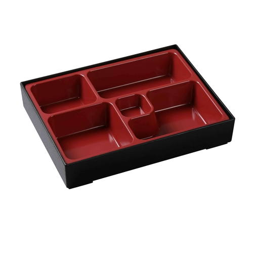 Yanco CR-610 10.25" W Black and Red Melamine Rectangular Sushi Compartment or Bento Box