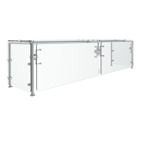 Vollrath SS-6BG-061C-LED 87"W x 3/8" Thick Tempered Glass Panels 11 Gauge Stainless Steel Tubing Push-Button Mechanism 6-Series Velocity Cafeteria-Style Breath Guard - 120 Volts 1685 Watts
