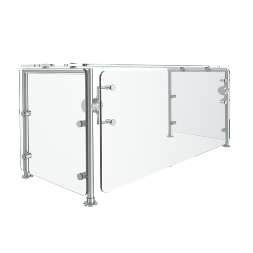Vollrath SS-6BG-021C-HS 31"W x 3/8" Thick Tempered Glass Panels 11 Gauge Stainless Steel Tubing Push-Button Mechanism 6-Series Velocity Cafeteria-Style Breath Guard - 120 Volts 550 Watts