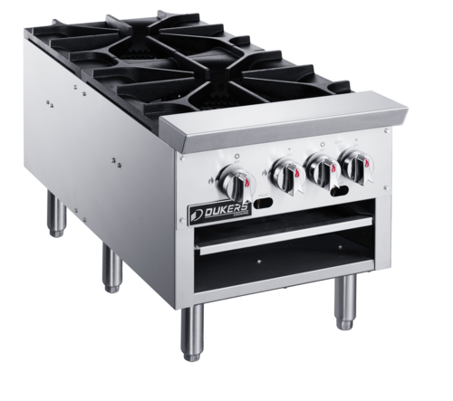 Dukers DCSPB2 18" W Natural Gas Stainless Steel Sides (2) Heavy Duty Cast Iron 3-Ring Burner Stock Pot Range - 160,000 BTU