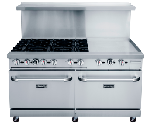 Dukers DCR60-6B24GM 60" W Natural Gas Stainless Steel Exterior 12” X 12” Removable Cast Iron Top Grates Gas Range - 324,000 BTU
