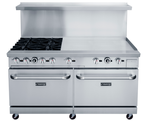 Dukers DCR60-4B36GM 60" W Natural Gas Stainless Steel Exterior 12” X 12” Removable Cast Iron Top Grates Gas Range - 286,000 BTU
