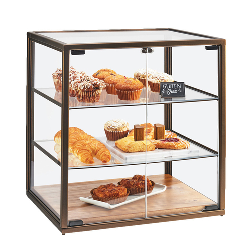 Cal-Mil 3610 Clear Trays Metal Frame Wood Base 3-Tier Dual Serve Sierra Bakery Display Case
