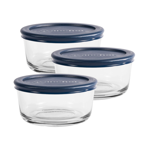 Anchor 82629L20 6 Pieces Clear Glass Round with Blue Plastic Lid Food Storage Container Set
