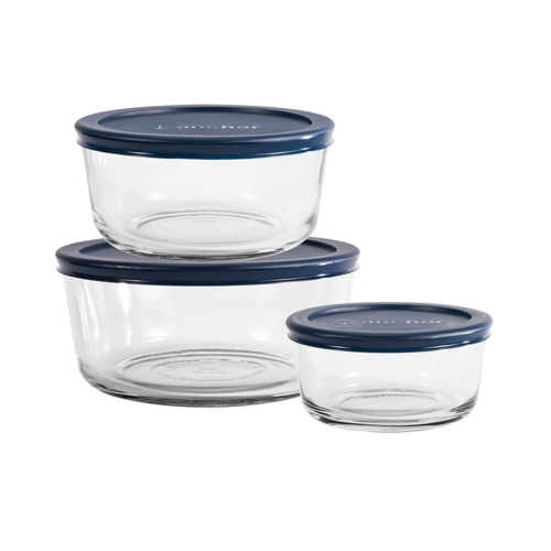 Anchor 92001L20 6 Pieces Clear Glass Round with Blue Plastic Lid Food Storage Container