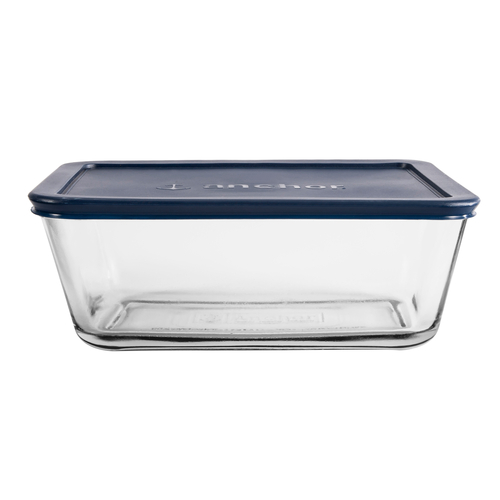 Anchor 85912L20 8" W Clear Glass Rectangular with Blue Plastic Lid Food Storage Container