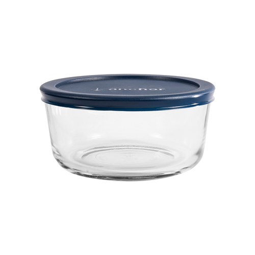Anchor 85907L20 6.25" Dia. Clear Glass Round with Blue Plastic Lid Food Storage Container