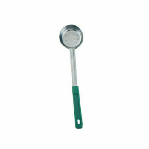 Omcan USA 80784 4 Oz. One-Piece Stainless Steel Perforated Portion Control Spoon with Green Handle