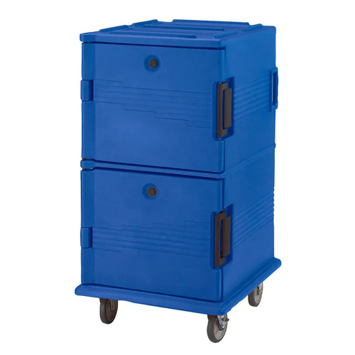 Cambro UPC1600SP186 Front Loading One-Piece Double Wall Polyethylene Shell Approximate Capacity 90 Qt. Molded-In Handles and Bumpers Nylon Latch Air-Tight Gasket Vent Cap Navy Blue Ultra Camcart Food Pan Carrier