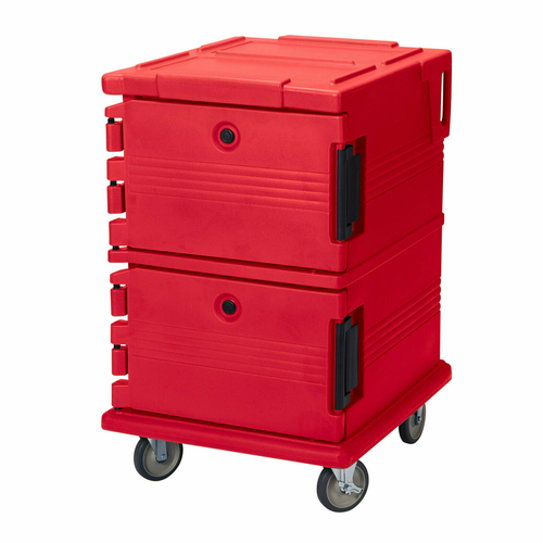 Cambro UPC1200158 Front Loading One-Piece Double Wall Polyethylene Shell Approximate Capacity 90 Qt. Molded-In Handles and Bumpers Nylon Latch Air-Tight Gasket Vent Cap Hot Red Ultra Camcart Food Pan Carrier