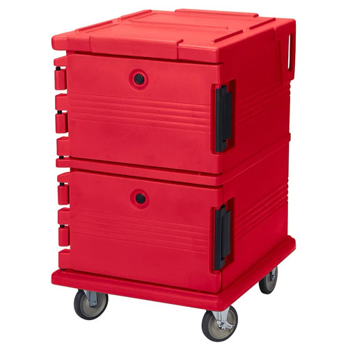 Cambro UPC1200158 Front Loading One-Piece Double Wall Polyethylene Shell Approximate Capacity 90 Qt. Molded-In Handles and Bumpers Nylon Latch Air-Tight Gasket Vent Cap Hot Red Ultra Camcart Food Pan Carrier