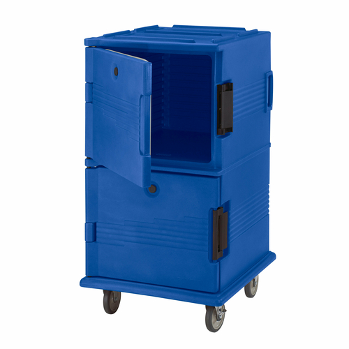 Cambro UPC1600HD186 28.75" W x 33.38" D x 54.50" H Front Loading One-Piece Double Wall Polyethylene Shell Molded-In Handles Heavy Duty 6" Casters Navy Blue Ultra Camcart Food Pan Carrier