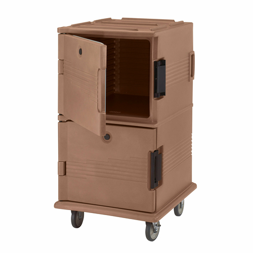 Cambro UPC1600HD157 28.75" W x 33.38" D x 54.50" H Front Loading One-Piece Double Wall Polyethylene Shell Molded-In Handles Heavy Duty 6" Casters Coffee Beige Ultra Camcart Food Pan Carrier