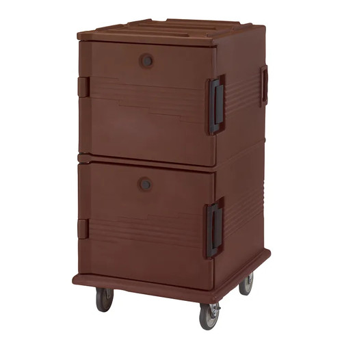 Cambro UPC1600SP131 Front Loading One-Piece Double Wall Polyethylene Shell Approximate Capacity 90 Qt. Molded-In Handles and Bumpers Nylon Latch Air-Tight Gasket Vent Cap Dark Brown Ultra Camcart Food Pan Carrier