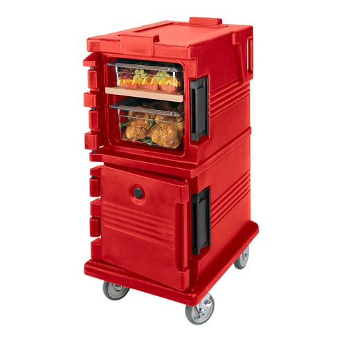 Cambro UPC600158 Front Loading One-Piece Double Wall Polyethylene Shell Approximate Capacity 45 Qt. Molded-In Handles and Bumpers Nylon Latch Air-Tight Gasket Hot Red Ultra Camcart Food Pan Carrier