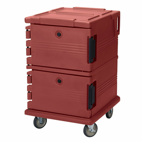 Cambro UPC1200402 Front Loading One-Piece Double Wall Polyethylene Shell Approximate Capacity 90 Qt. Molded-In Handles and Bumpers Nylon Latch Air-Tight Gasket Vent Cap Brick Red Ultra Camcart Food Pan Carrier