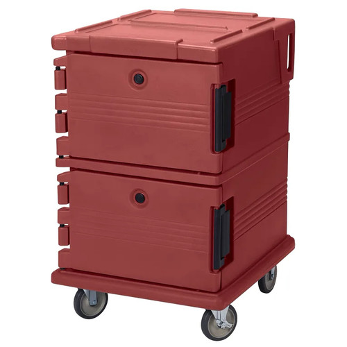 Cambro UPC1200402 Front Loading One-Piece Double Wall Polyethylene Shell Approximate Capacity 90 Qt. Molded-In Handles and Bumpers Nylon Latch Air-Tight Gasket Vent Cap Brick Red Ultra Camcart Food Pan Carrier