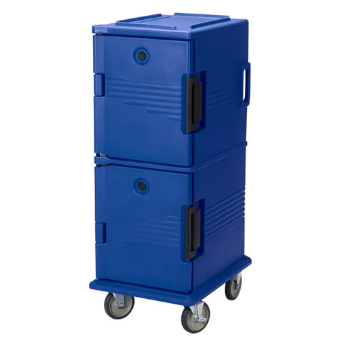 Cambro UPC800SP186 Front Loading One-Piece Double Wall Polyethylene Shell Approximate Capacity 60Qt. Security Package Tamper Resistant Molded-In Handles and Bumpers Nylon Latch Air Tight Gasket Vent Cap Navy Blue Ultra Camcart Food Pan Carrier