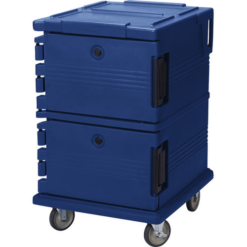 Cambro UPC1200186 Front Loading One-Piece Double Wall Polyethylene Shell Approximate Capacity 90 Qt. Molded-In Handles and Bumpers Nylon Latch Air-Tight Gasket Vent Cap Navy Blue Ultra Camcart Food Pan Carrier