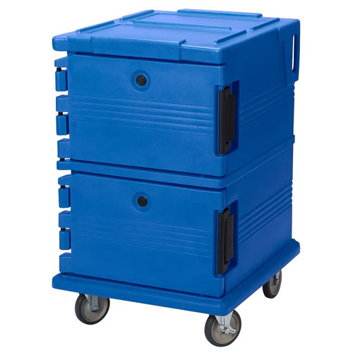 Cambro UPC1200186 Front Loading One-Piece Double Wall Polyethylene Shell Approximate Capacity 90 Qt. Molded-In Handles and Bumpers Nylon Latch Air-Tight Gasket Vent Cap Navy Blue Ultra Camcart Food Pan Carrier