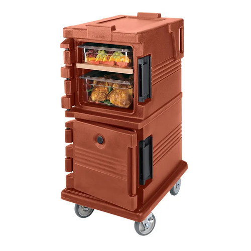 Cambro UPC600402 Front Loading One-Piece Double Wall Polyethylene Shell Approximate Capacity 45 Qt. Molded-In Handles and Bumpers Nylon Latch Air-Tight Gasket Brick Red Ultra Camcart Food Pan Carrier