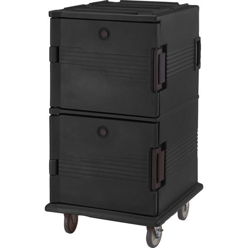 Cambro UPC1600SP110 Front Loading One-Piece Double Wall Polyethylene Shell Approximate Capacity 90 Qt. Molded-In Handles and Bumpers Nylon Latch Air-Tight Gasket Vent Cap Black Ultra Camcart Food Pan Carrier