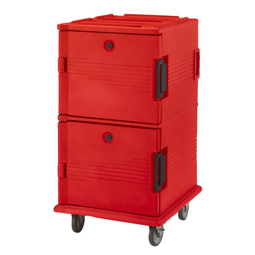 Cambro UPC1600SP158 Front Loading One-Piece Double Wall Polyethylene Shell Approximate Capacity 90 Qt. Molded-In Handles and Bumpers Nylon Latch Air-Tight Gasket Vent Cap Hot Red Ultra Camcart Food Pan Carrier