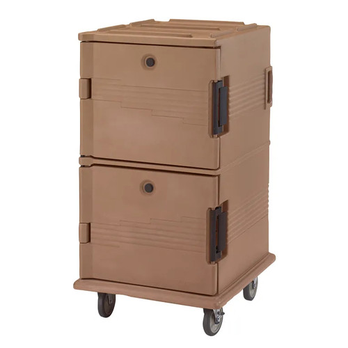 Cambro UPC1600157 Front Loading One-Piece Double Wall Polyethylene Shell Approximate Capacity 90 Qt. Molded-In Handles and Bumpers Nylon Latch Air-Tight Gasket Vent Cap Coffee Beige Ultra Camcart Food Pan Carrier