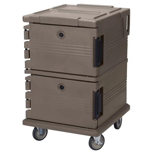 Cambro UPC1200194 Front Loading One-Piece Double Wall Polyethylene Shell Approximate Capacity 90 Qt. Molded-In Handles and Bumpers Nylon Latch Air-Tight Gasket Vent Cap Granite Sand Ultra Camcart Food Pan Carrier