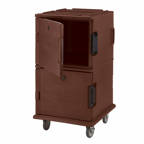Cambro UPC1600HD131 28.75" W x 33.38" D x 54.50" H Front Loading One-Piece Double Wall Polyethylene Shell Molded-In Handles Heavy Duty 6" Casters Dark Brown Ultra Camcart Food Pan Carrier