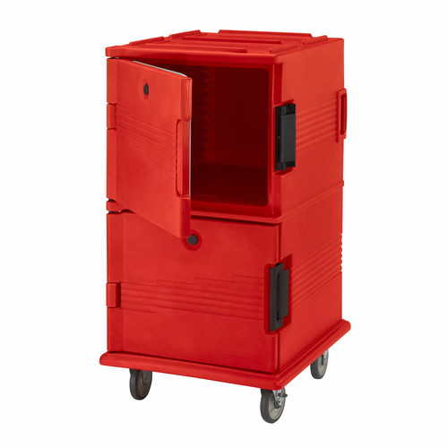 Cambro UPC1600158 Front Loading One-Piece Double Wall Polyethylene Shell Approximate Capacity 90 Qt. Molded-In Handles and Bumpers Nylon Latch Air-Tight Gasket Vent Cap Hot Red Ultra Camcart Food Pan Carrier
