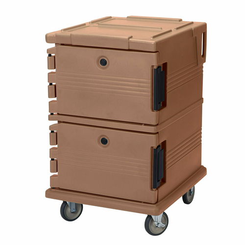 Cambro UPC1200157 Front Loading One-Piece Double Wall Polyethylene Shell Approximate Capacity 90 Qt. Molded-In Handles and Bumpers Nylon Latch Air-Tight Gasket Vent Cap Coffee Beige Ultra Camcart Food Pan Carrier