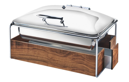 Cal-Mil 3705-49 23" W x 17 1/2" D x 13 3/4" H 8 Qt. Rectangular Walnut Windguards Chrome Frame Mid-Century Chafing Dish