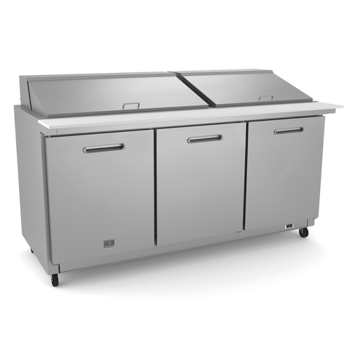 Kelvinator KCHMT70.30 158 Cu. Ft. Capacity 3 Solid Hinged Doors Heavy Duty Casters Mega Top Refrigerated Sandwich Prep Table - 115 Volts 1-Phase