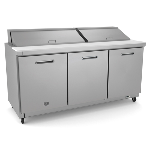 Kelvinator KCHST70.18 18.0 Cu. Ft. Capacity 3 Solid Hinged Doors Heavy Duty Casters Refrigerated Sandwich Prep Table - 115 Volts 1-Phase