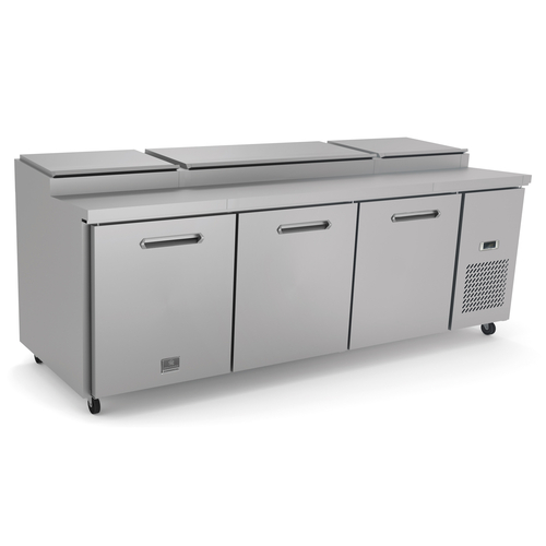 Kelvinator KCHPT92.12 32.0 Cu. Ft. Capacity 3 Solid Hinged Doors Heavy Duty Casters Refrigerated Pizza Prep Table - 115 Volts 1-Phase
