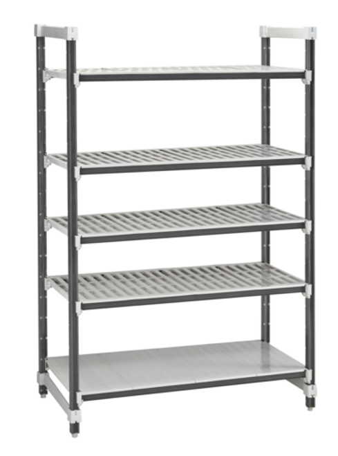 Cambro EXU183684VS5480 18" W x 36" L x 84" H Speckled Gray 4 Vented and 1 Solid Reinforced Polypropylene Shelf Plates Camshelving Elements XTRA Stationary Starter Unit