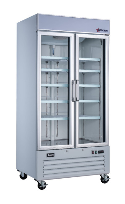 Omcan USA 50126 31.5 Cu. Ft. Stainless Steel 2-Section Reach-In Merchandiser Refrigerator - 115 Volts