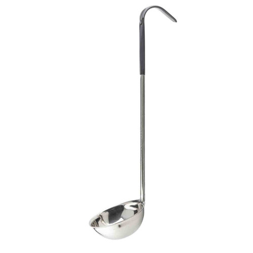 TableCraft Products 9706 14 1/2" 6 Oz. One-Piece Black Vinyl Handle Stainless Steel Ladle