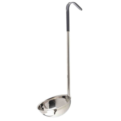 TableCraft Products 9712 15 1/2" 12 Oz. One-Piece Black Vinyl Handle Stainless Steel Ladle