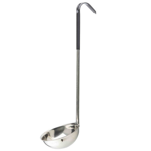 TableCraft Products 9708 14 3/4" 8 Oz. One-Piece Black Vinyl Handle Stainless Steel Ladle