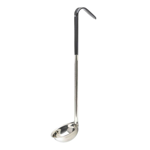 TableCraft Products 9702 12 1/2" 2 Oz. One-Piece Black Vinyl Handle Stainless Steel Ladle
