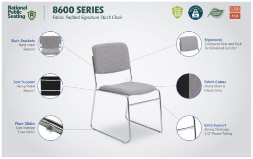 National Public Seating 8660 8600 Series 19" W Black Fabric Padded Signature Stack Chair
