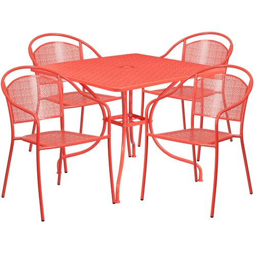Flash Furniture CO-35SQ-03CHR4-RED-GG 35.5" Dia. Coral Steel Square Table with 4 Round Back Chairs Patio Table Set