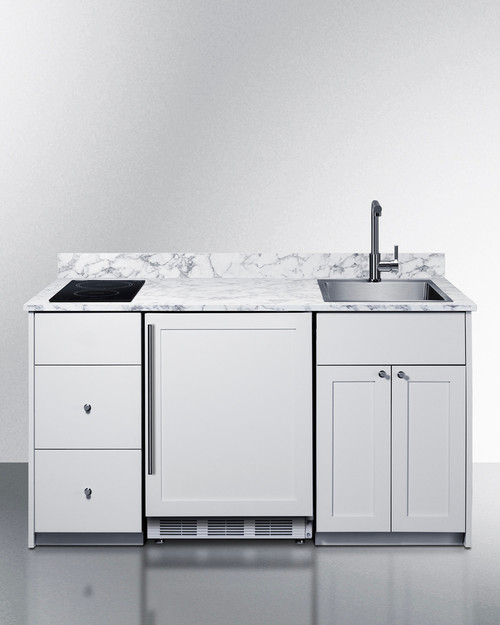 Summit CALDERAWH33I 62.5" W White Kitchenette with Refrigeration Cooking Sink and Storage Turnkey Caldera Kitchen - 115 Volts, ADA Height