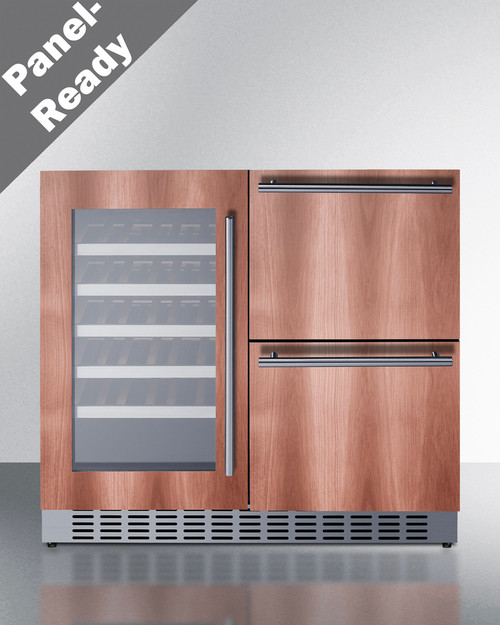 Summit SWCDAR36UCPNR 35.5" W Stainless Steel Built-In Panel Ready Combination Wine Cellar and 2-Drawer Refrigerator - 115 Volts